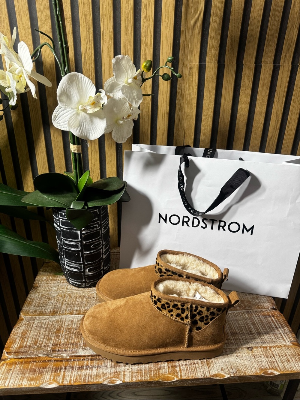 UGG Chestnut Suede Ankle Booties with Leopard Trim
